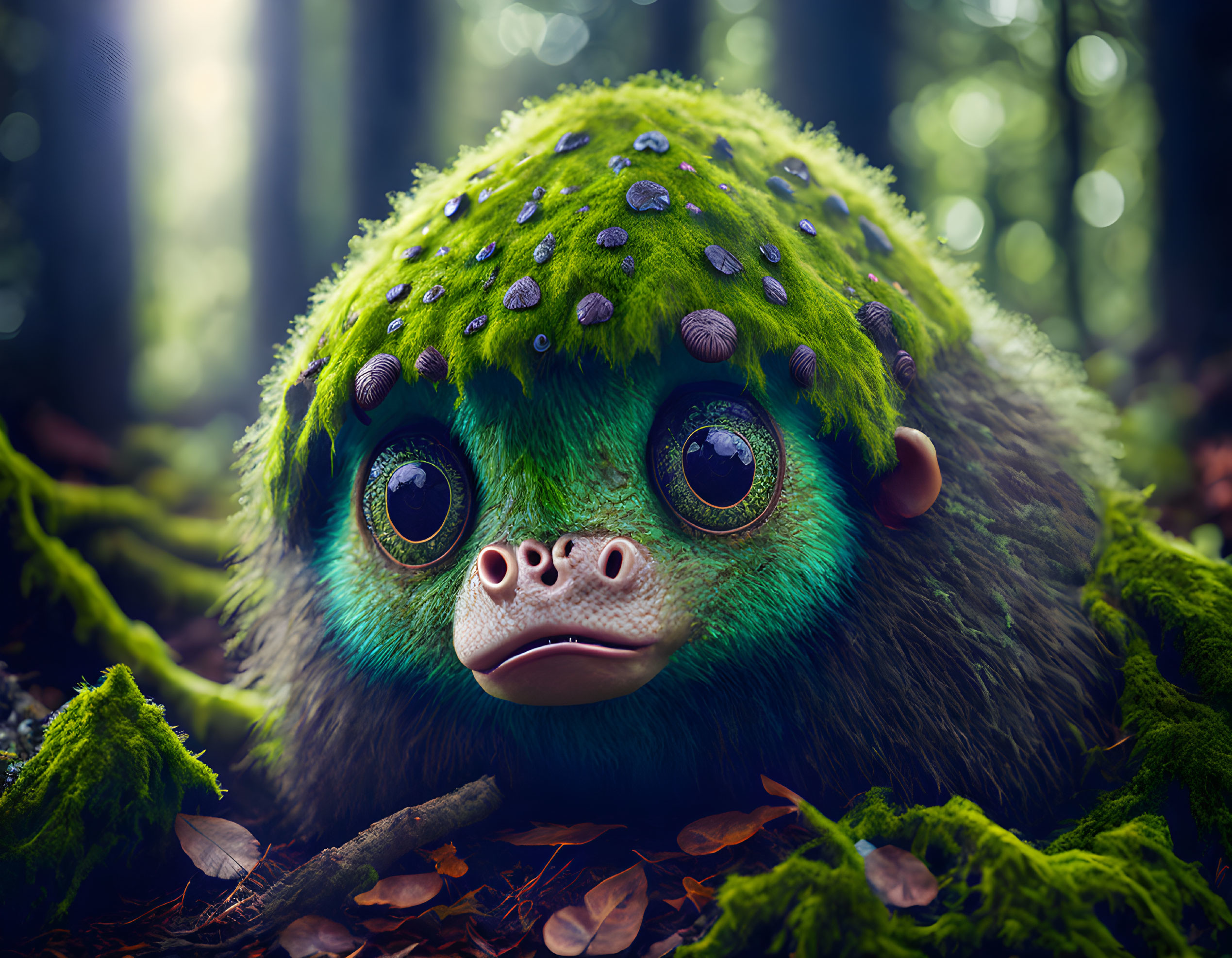 Green creature with large eyes and mossy back in mystical forest