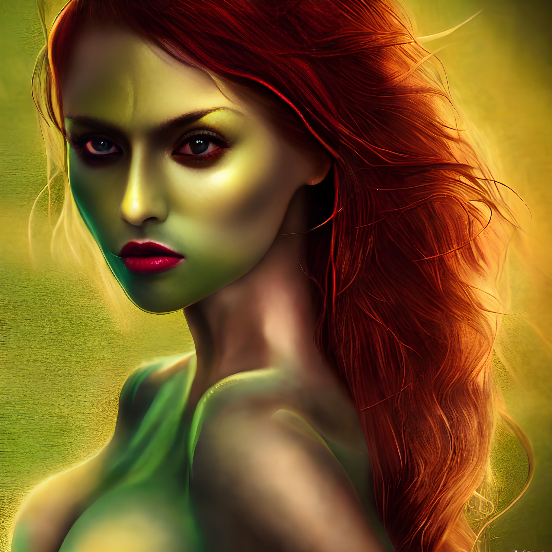 Vibrant digital artwork of woman with red hair and green skin