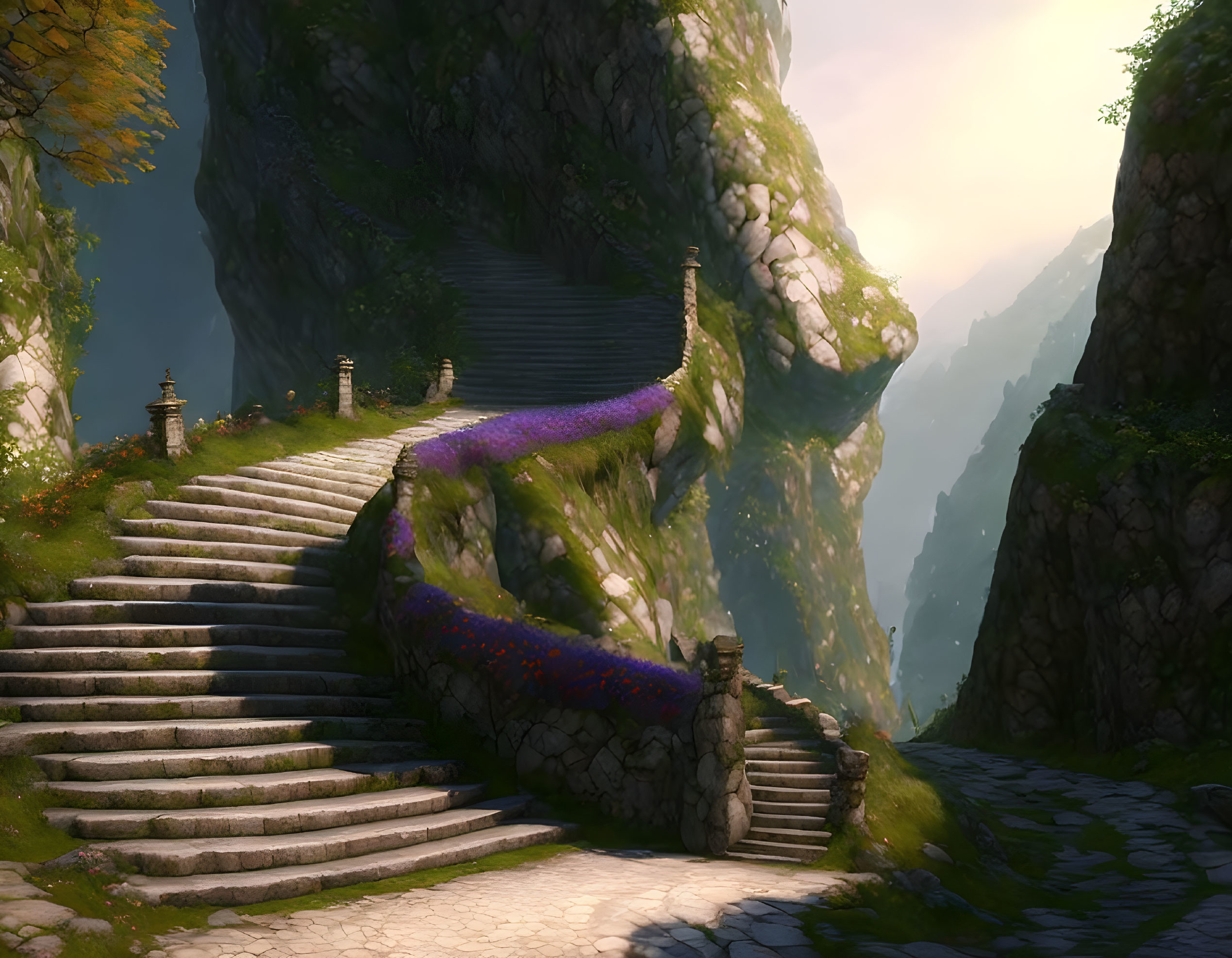 Stone stairway winding up rugged mountain with lanterns, purple flowers, and soft sunlight.