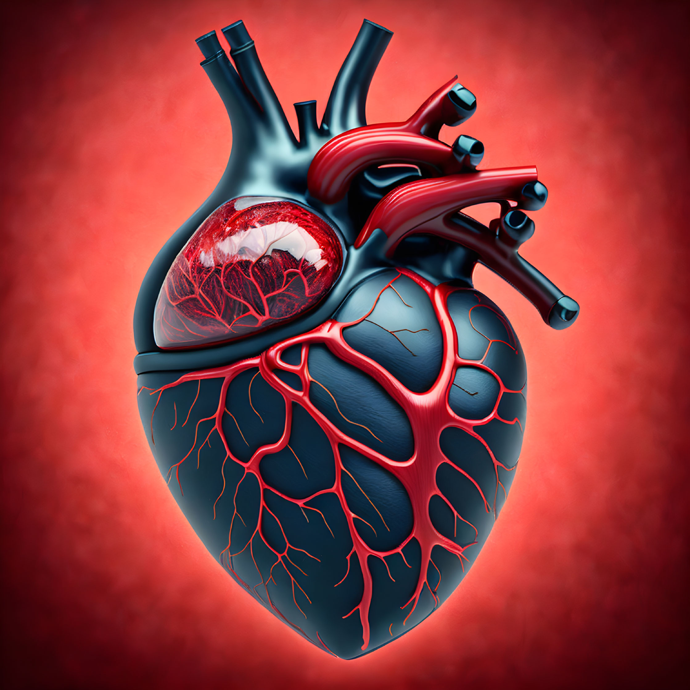 Detailed 3D Human Heart Illustration on Red Background