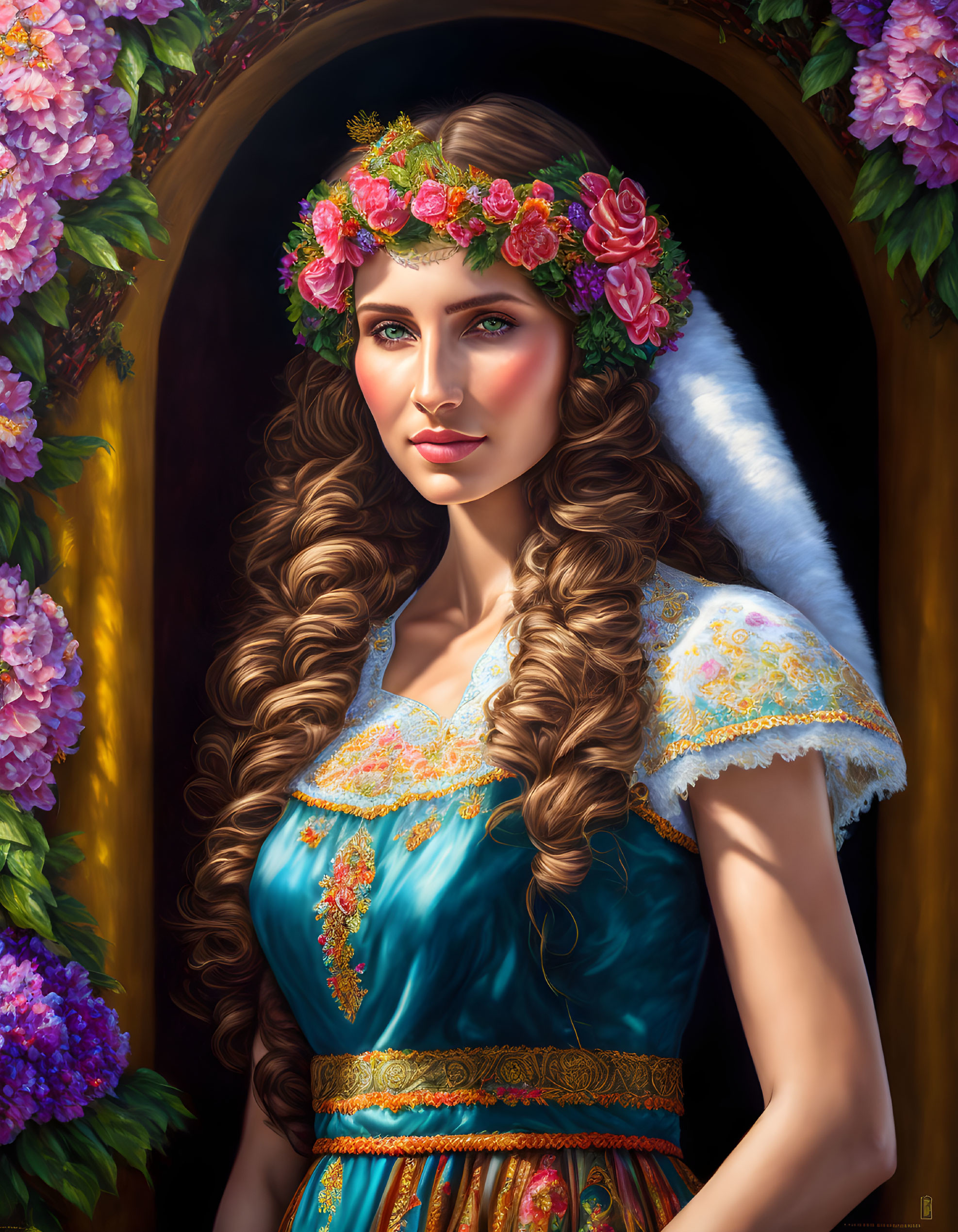 Woman with long curly brown hair in embroidered dress by flower archway