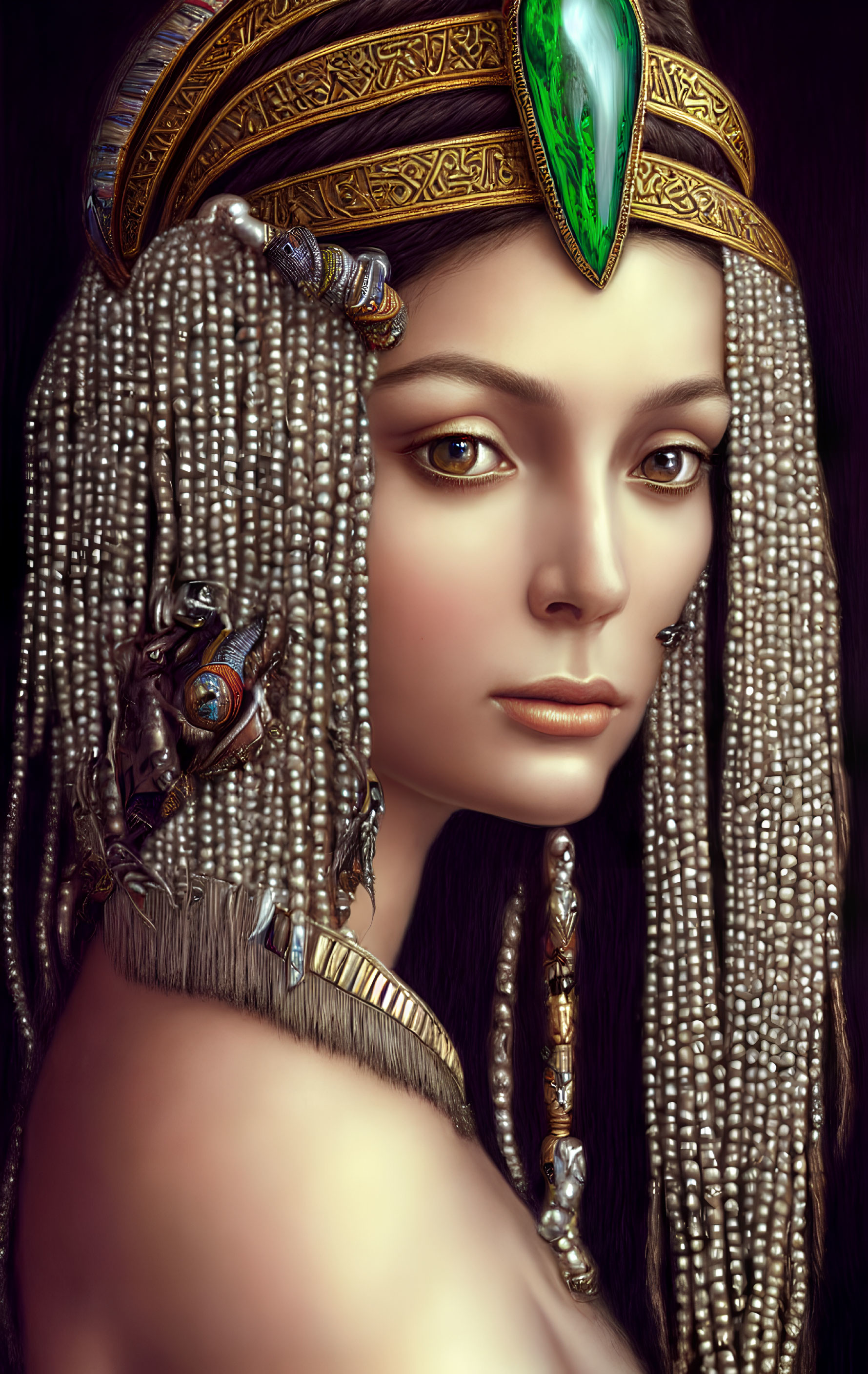 Digital artwork featuring woman in ornate gold headpiece and Egyptian-inspired jewelry