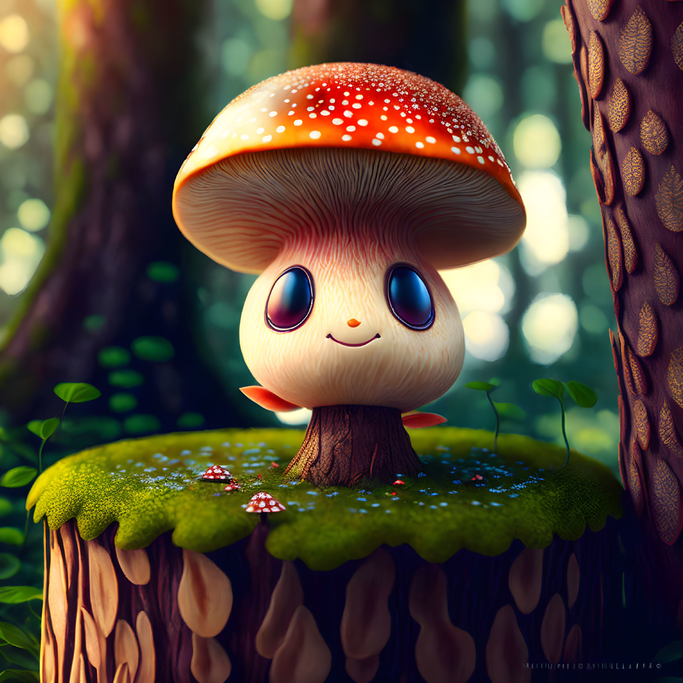 Illustration of cute mushroom character in enchanted forest