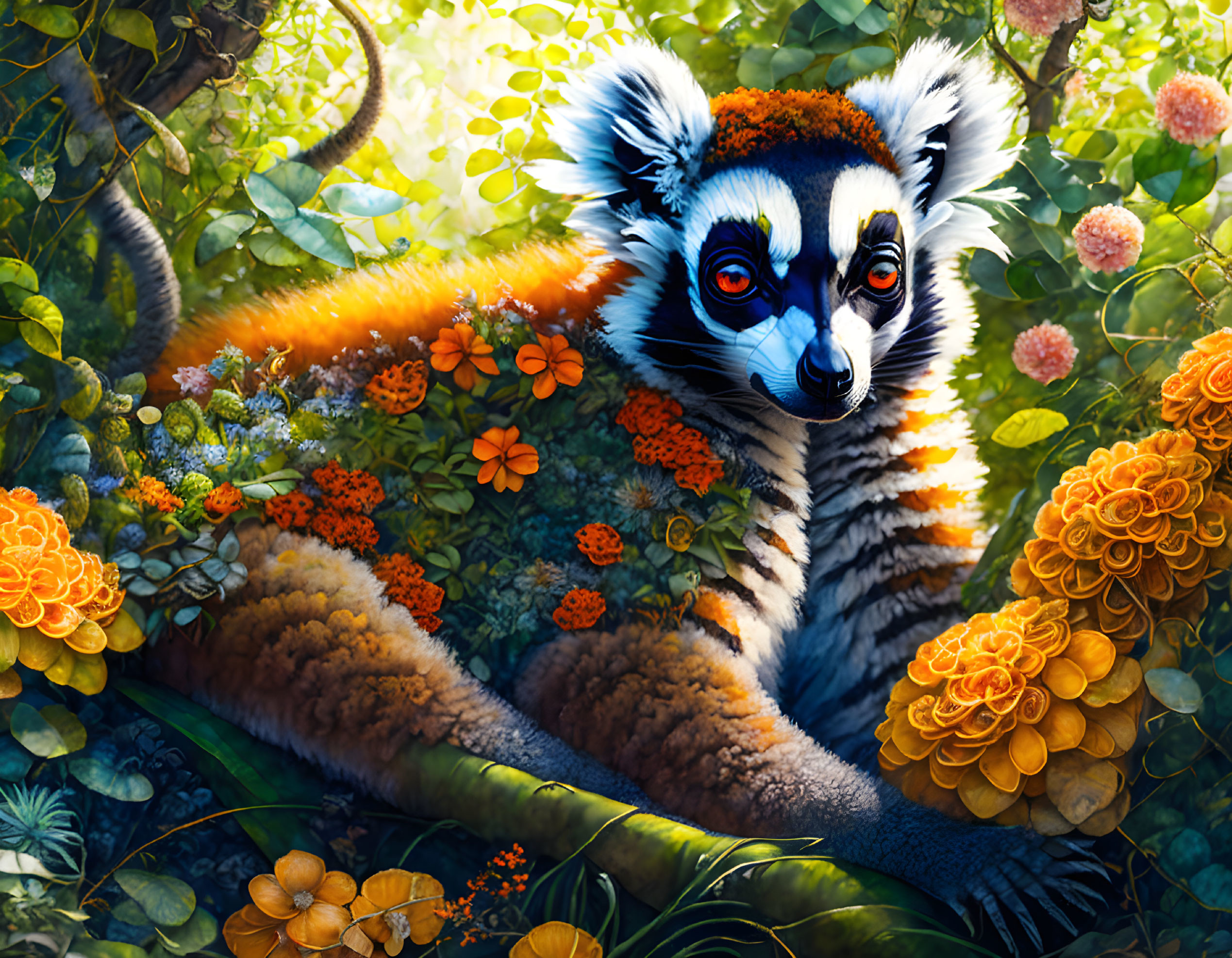 Colorful Lemur Illustration with Blue Eyes and Lush Greenery