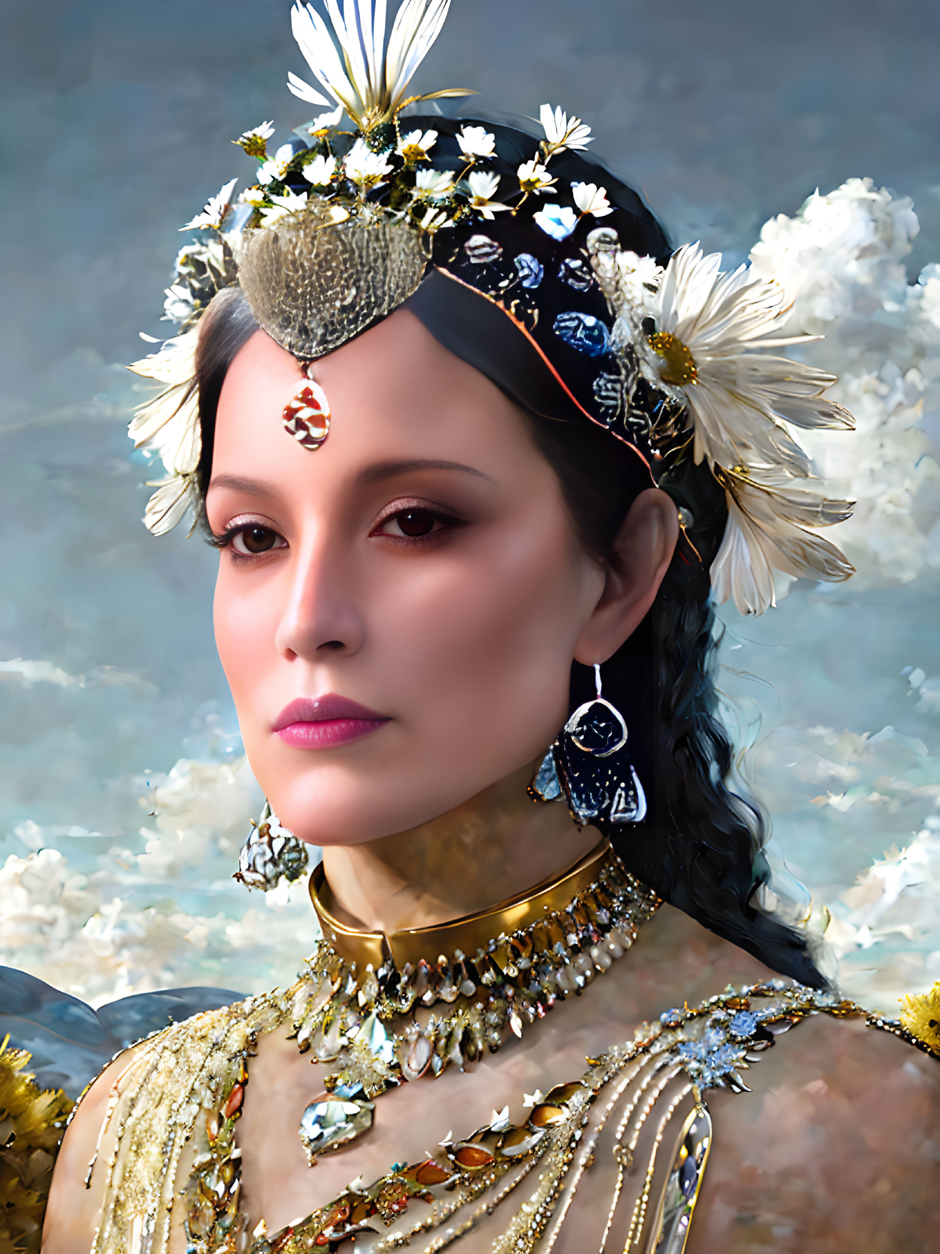 Regal woman with floral headpiece and gold jewelry