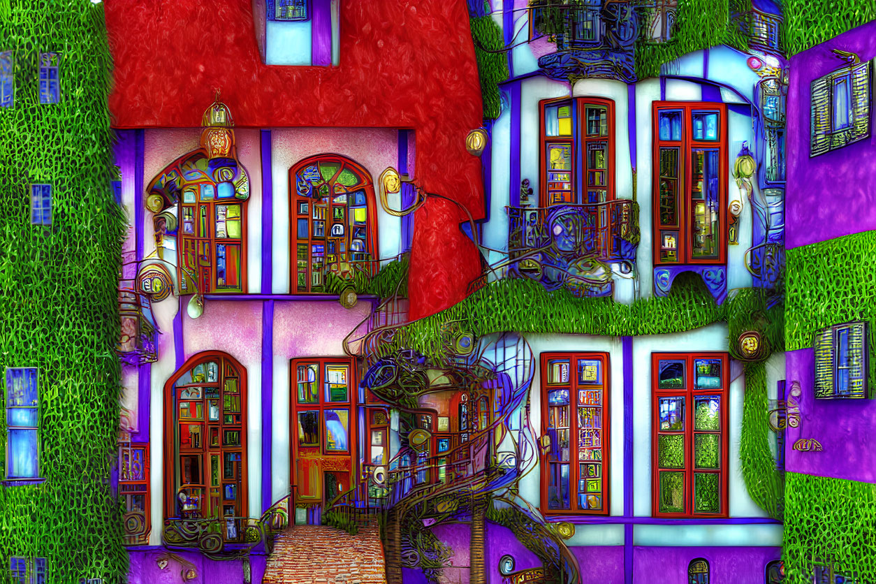 Colorful surreal artwork: Buildings with textured walls, green ivy, whimsical architectural details