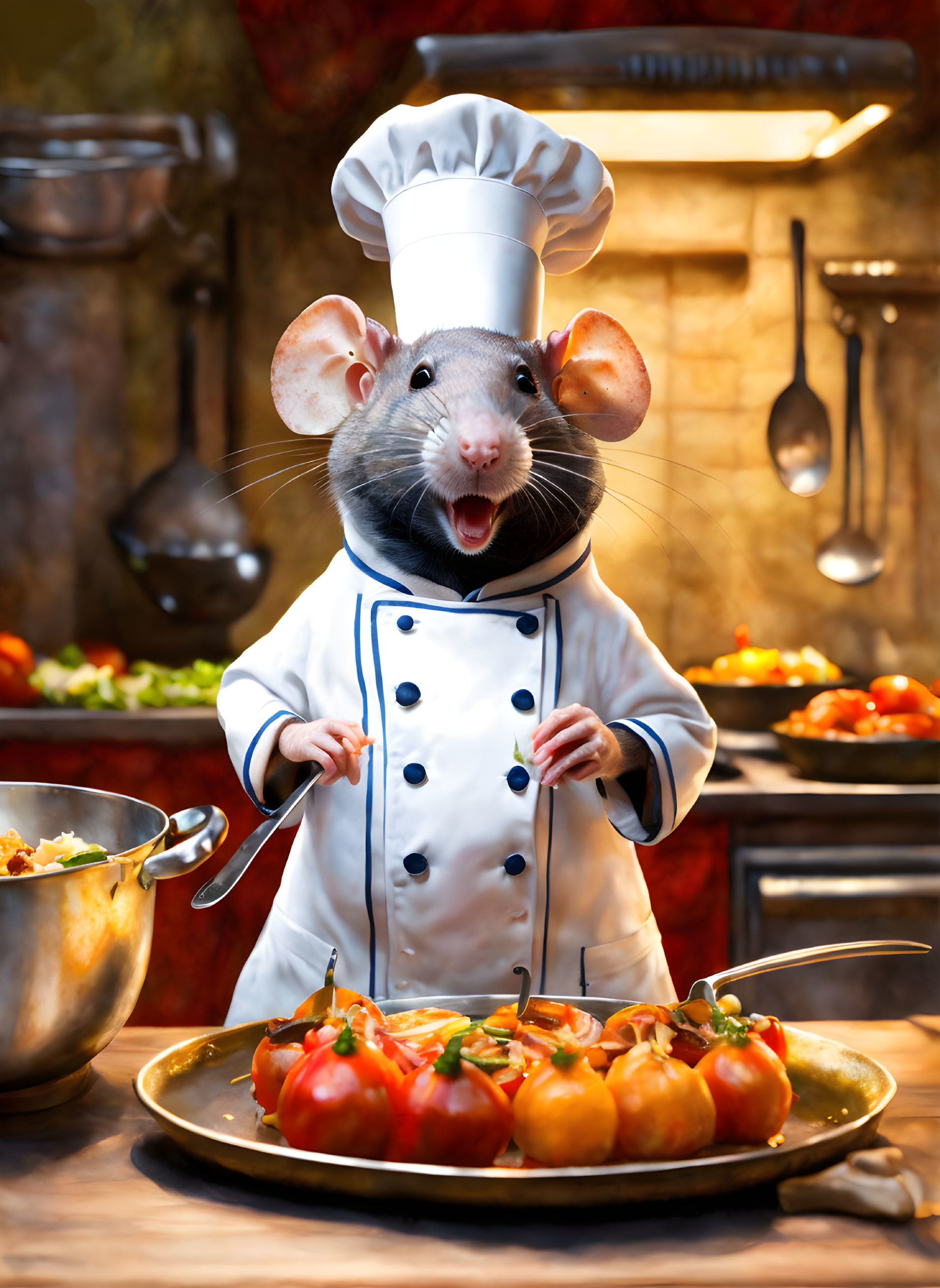 Chef rat showcasing tomato dish in kitchen