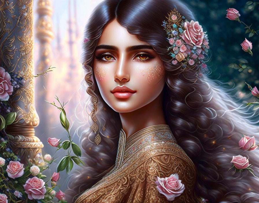 Illustration of woman with long hair and flowers in traditional attire against rose backdrop