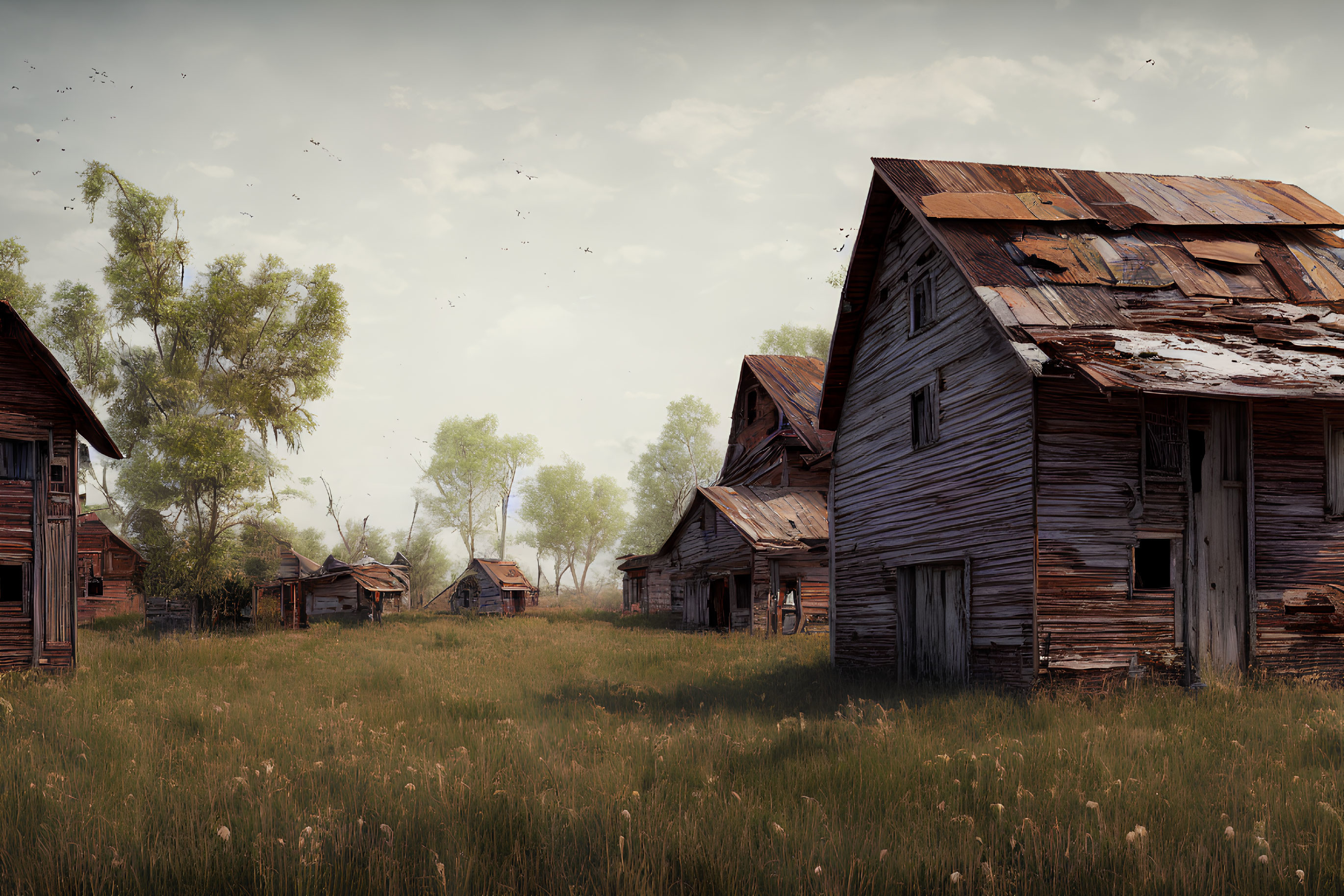 Dilapidated wooden buildings in rustic field under cloudy sky