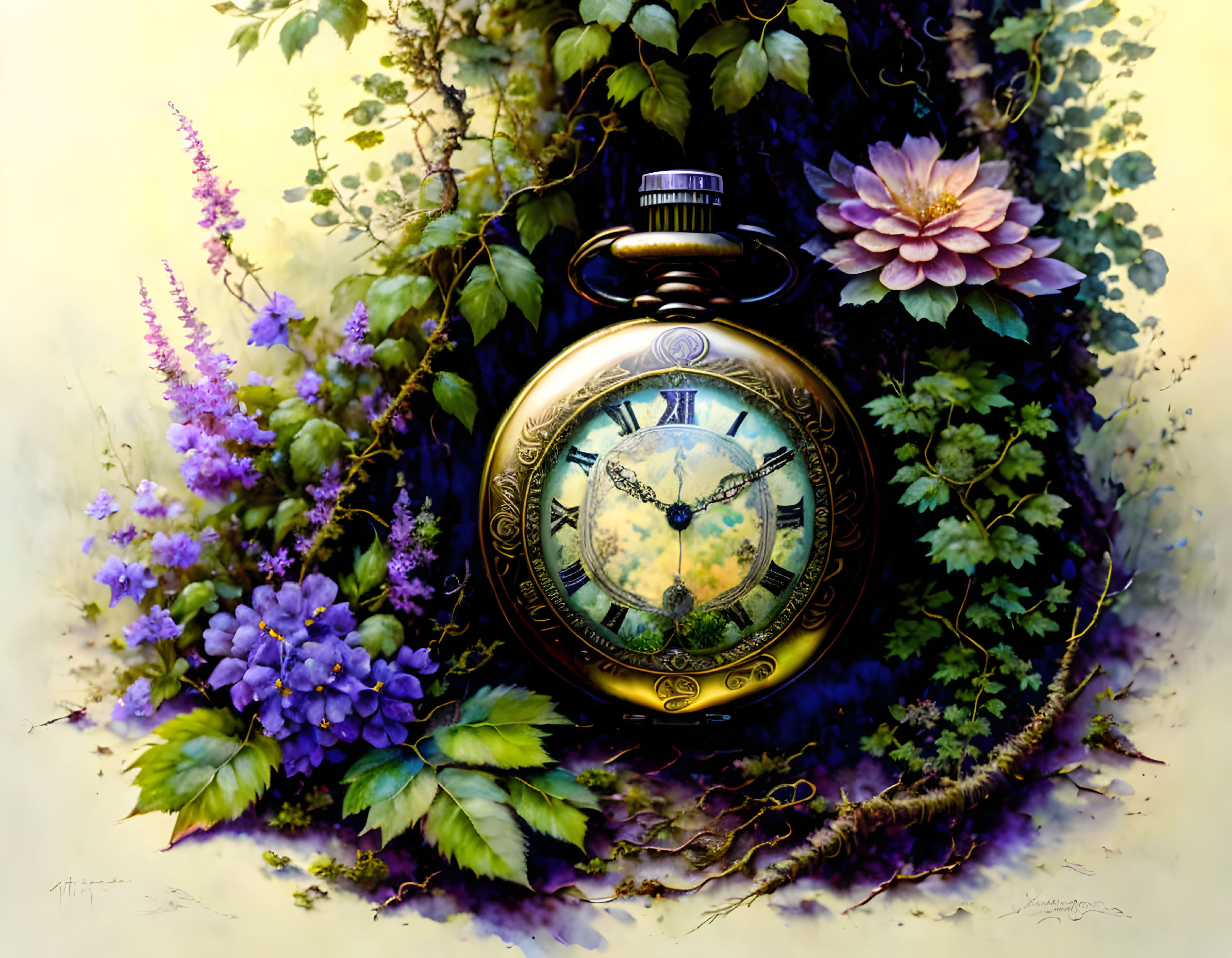 Vintage Floral Motif Pocket Watch Surrounded by Flowers and Vines