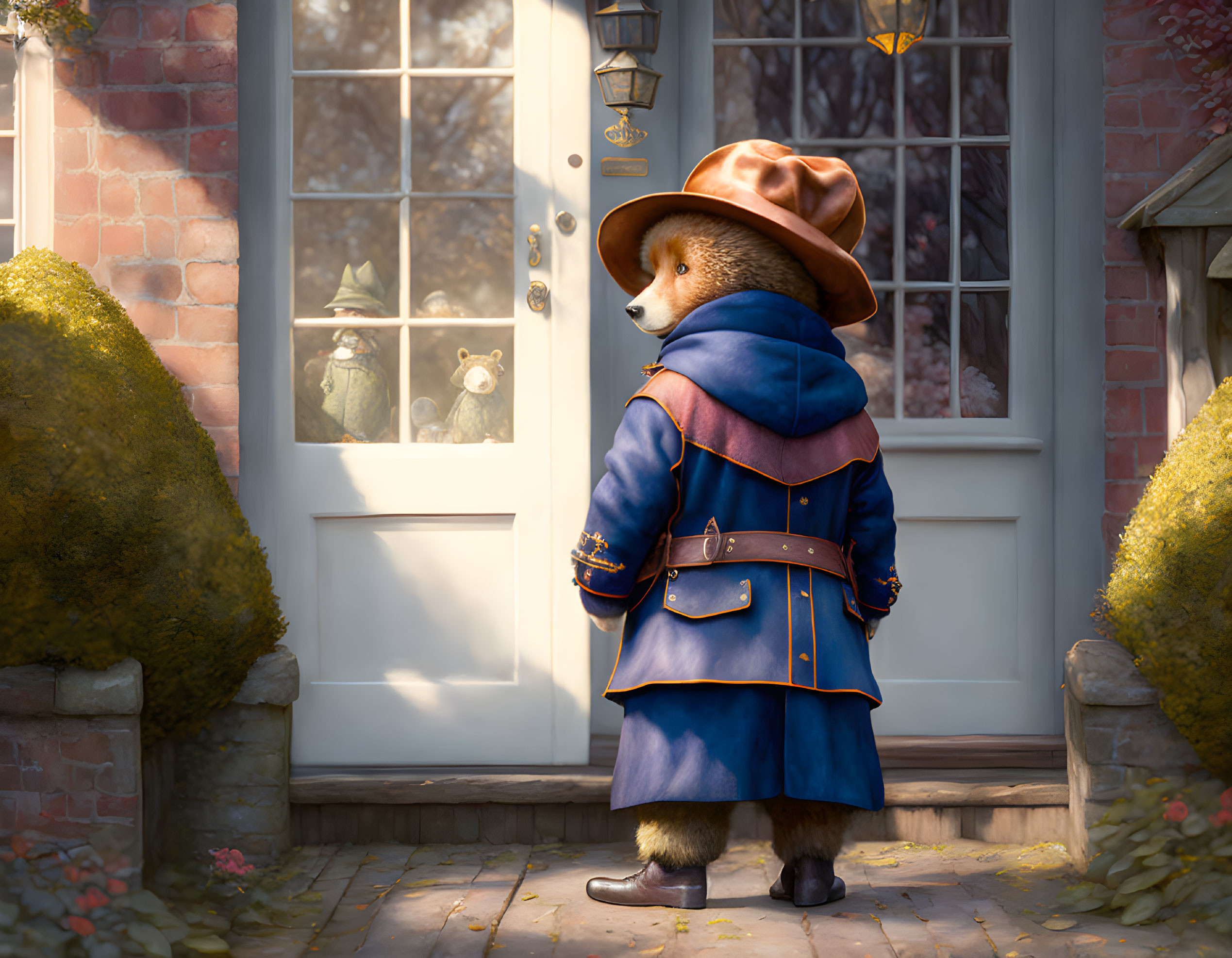 Anthropomorphic fox in vintage blue uniform and hat on doorstep surrounded by greenery and sunlight-dapp