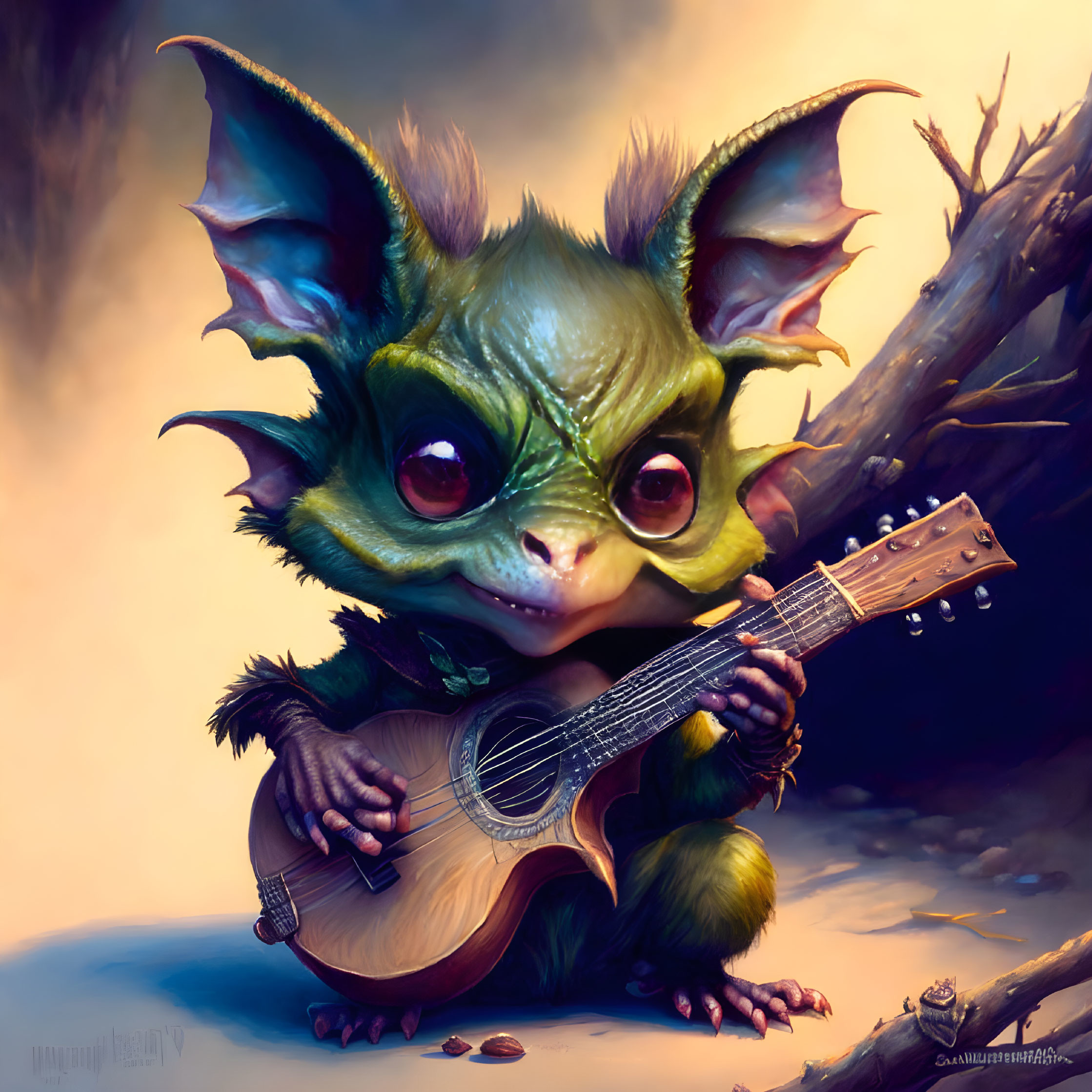 Fantasy creature with large ears plays guitar on warm background