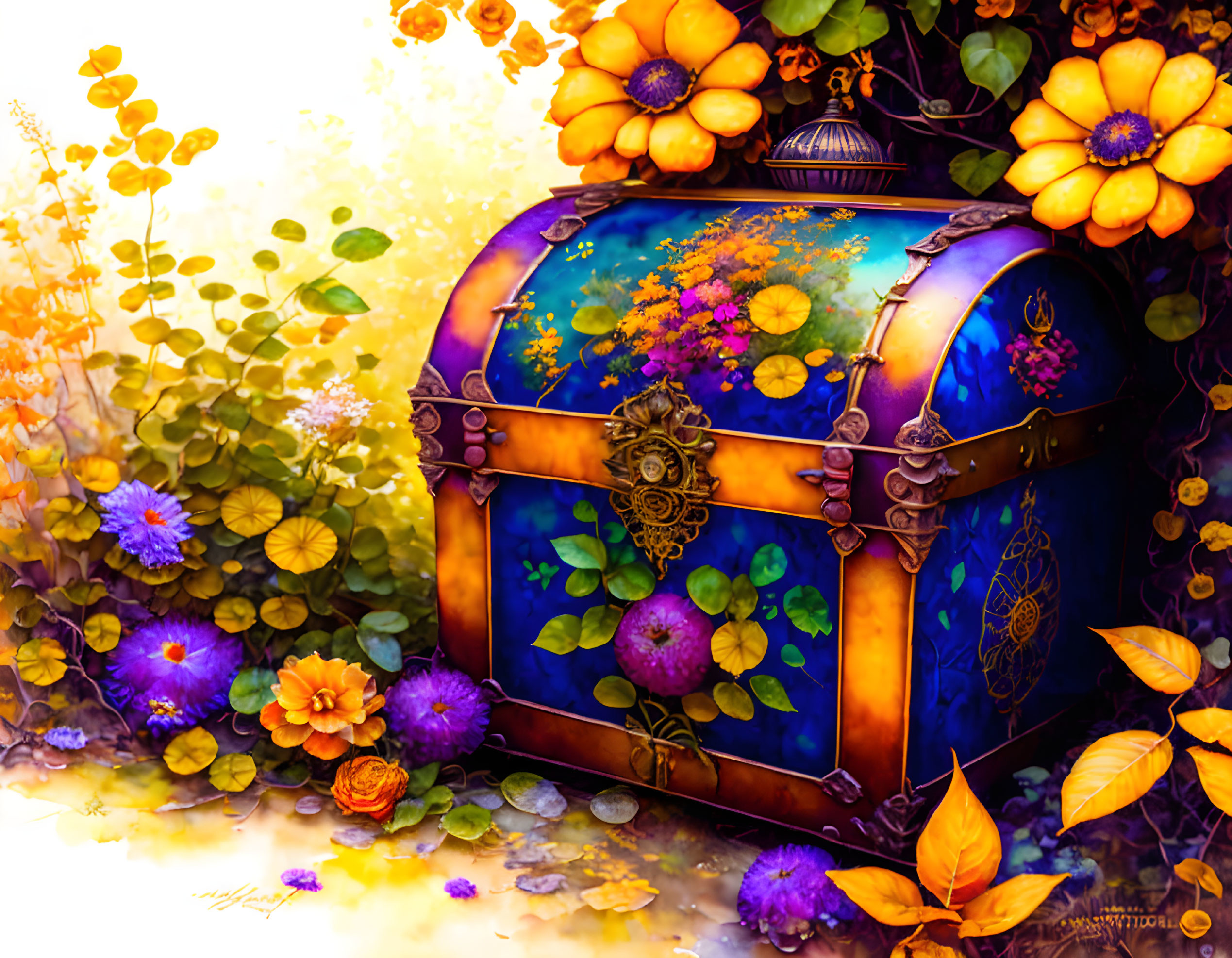 Colorful Ornate Treasure Chest Surrounded by Lush Flowers