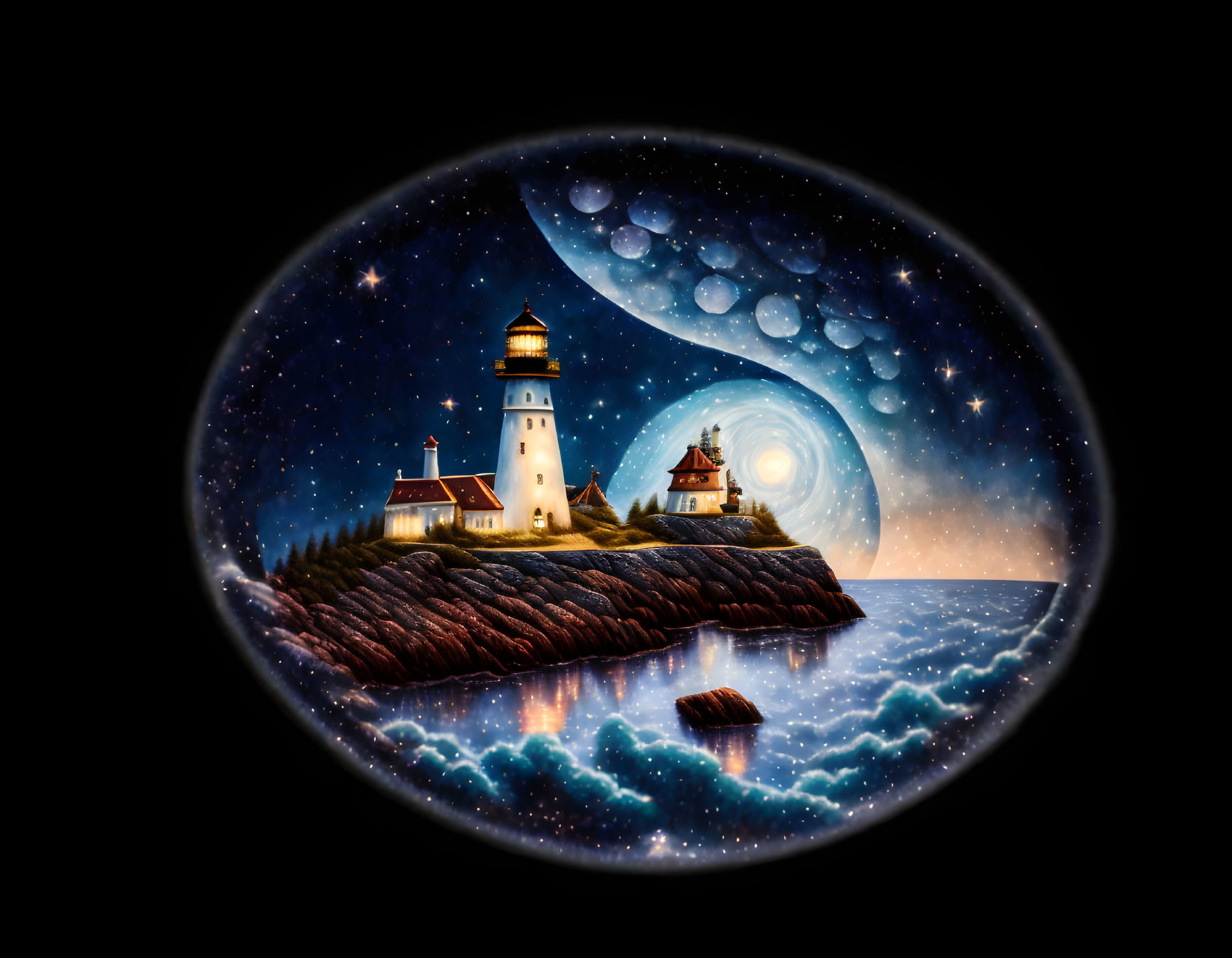 Surreal artwork: Lighthouse on rocky island under starry sky