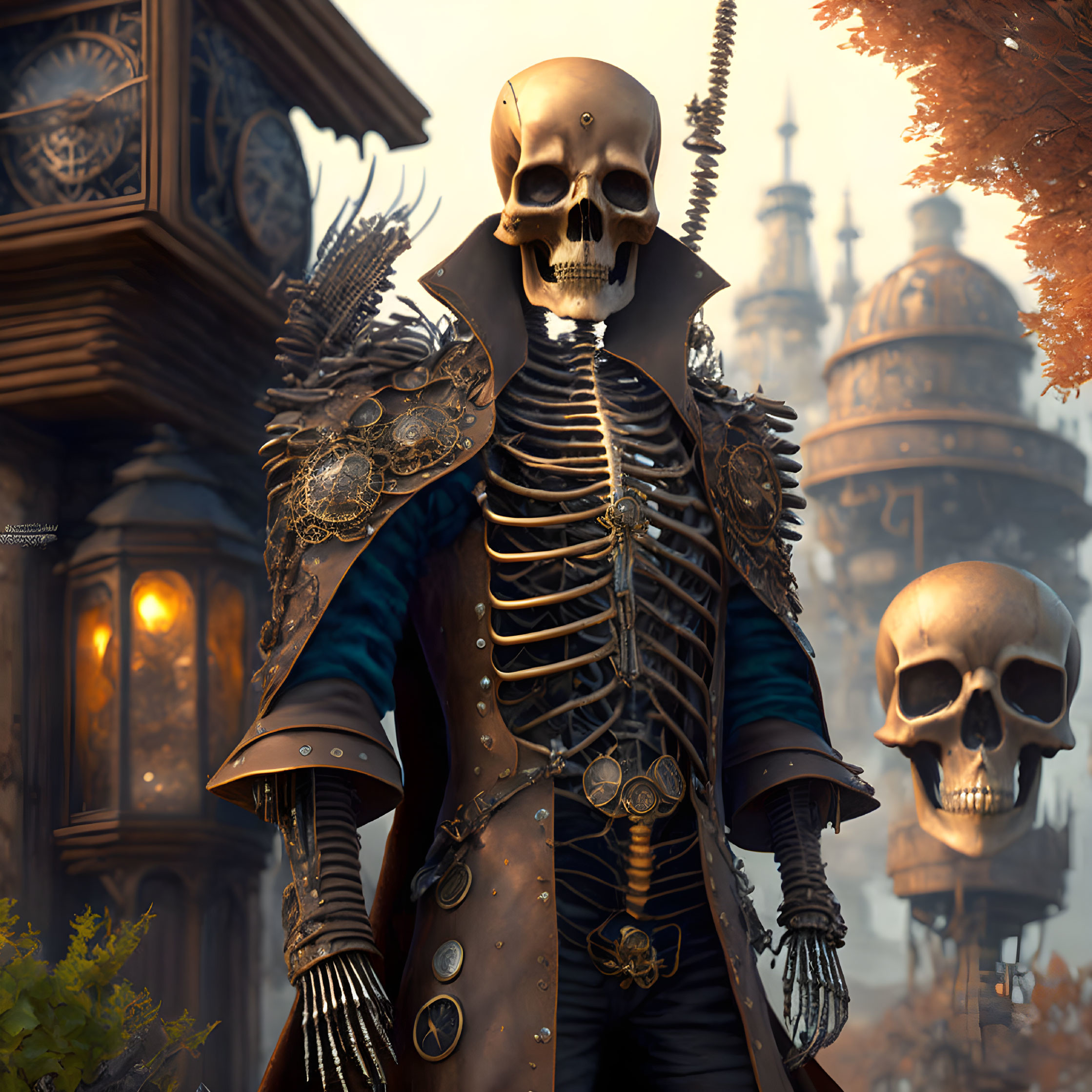 Detailed digital artwork: Ornate skeletal figure in regal attire against autumnal fantasy backdrop