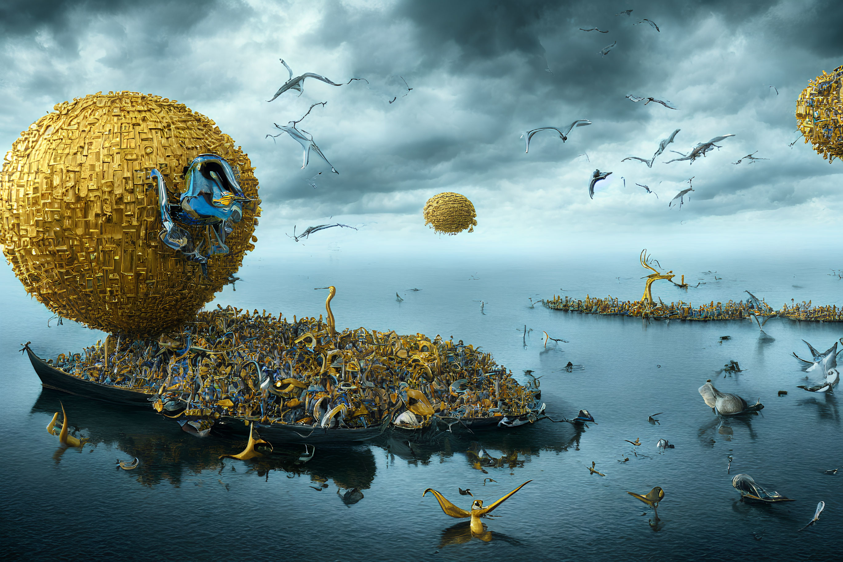 Surreal landscape with birds, gondola, golden mechanical islands under stormy sky