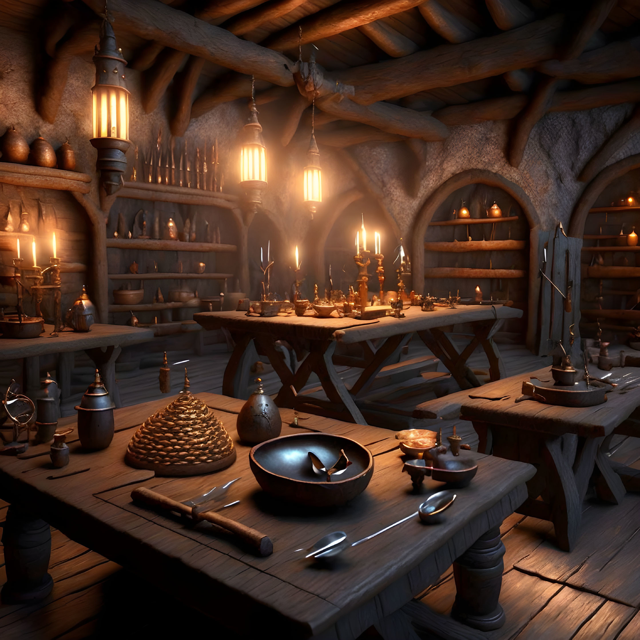 Medieval tavern interior with candlelight, wooden tables, plates, utensils, and stocked shelves