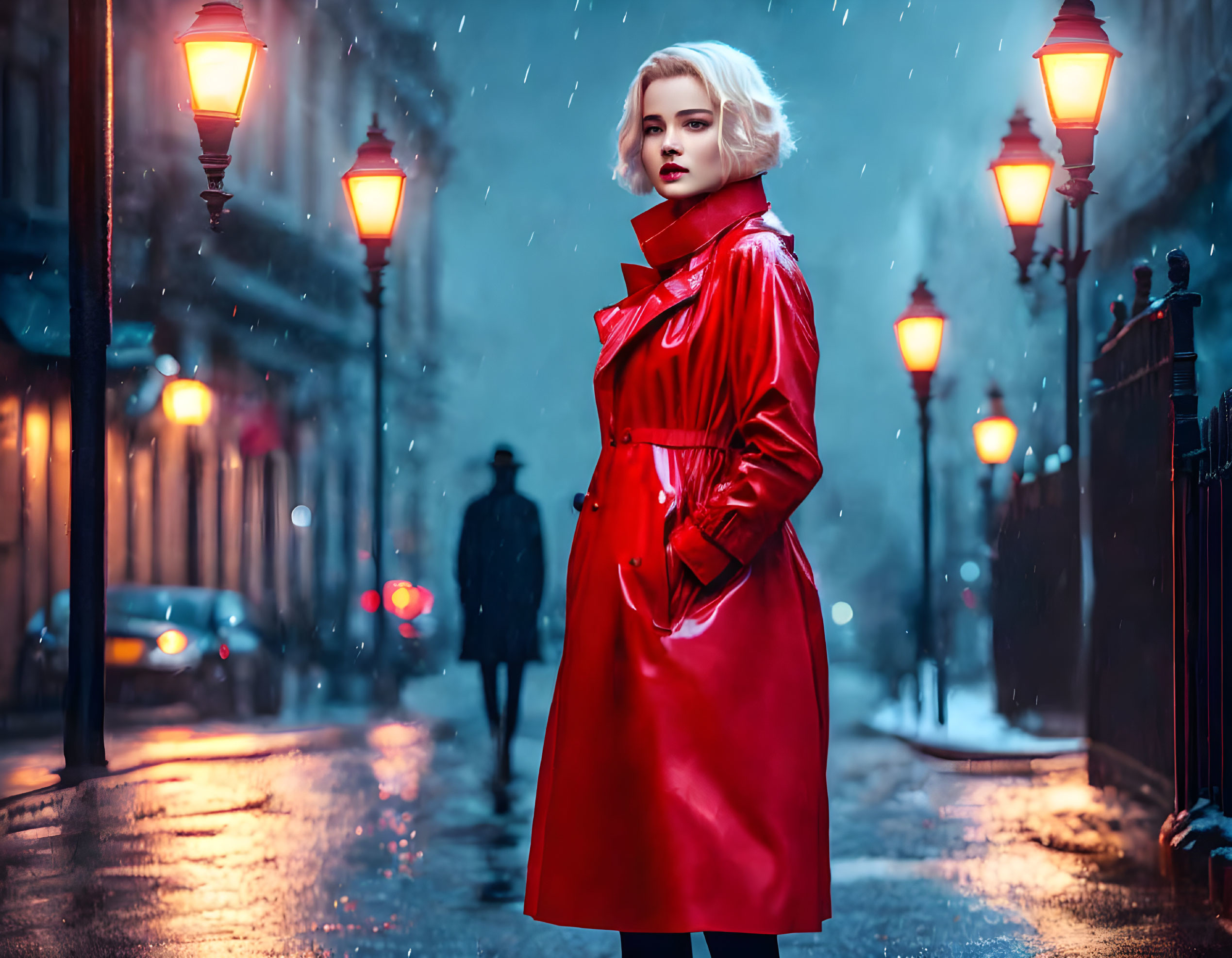 Woman in red coat on snowy, lamp-lit street at night with blurred figure