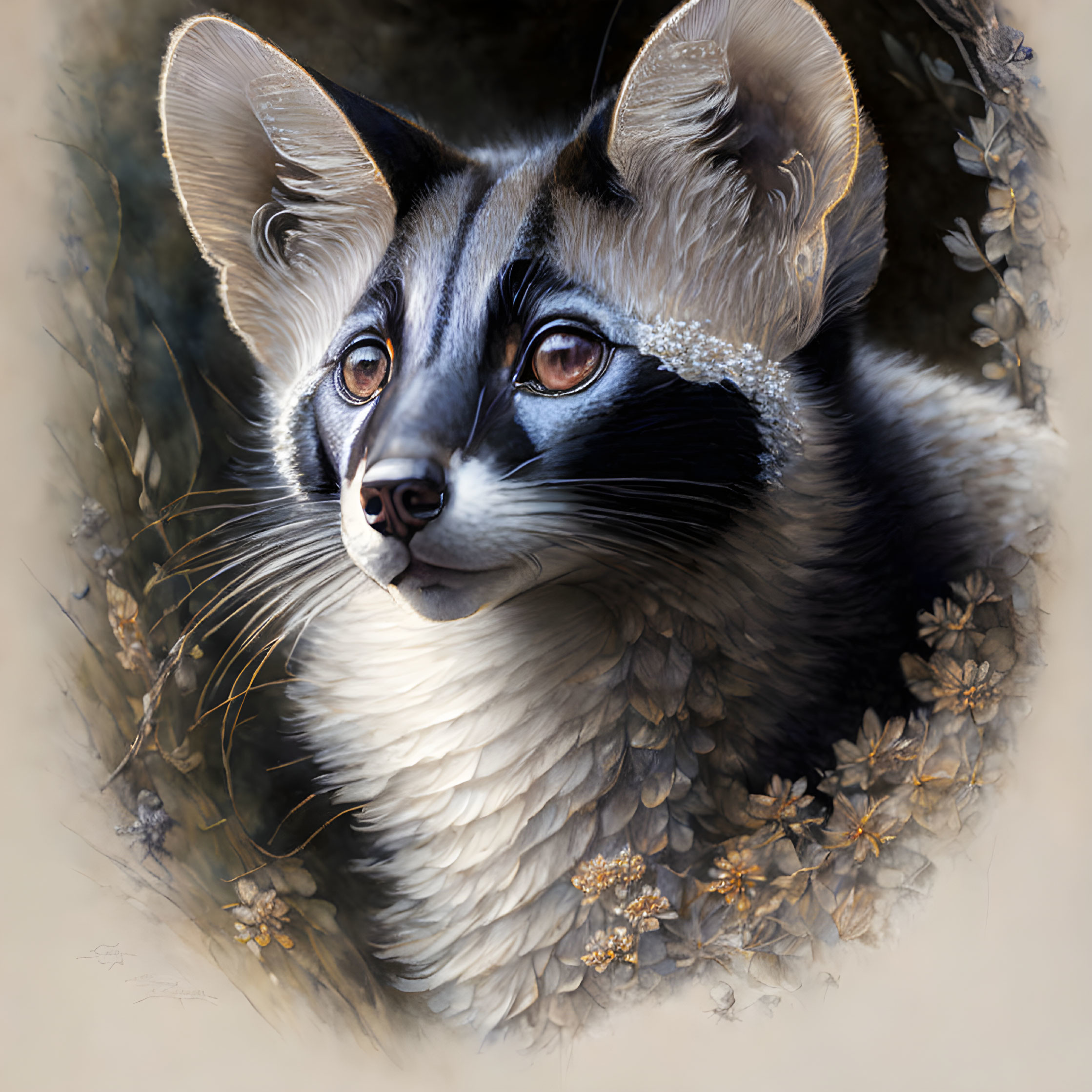 Detailed digital painting of raccoon face with fur textures, leaves, flowers on warm background