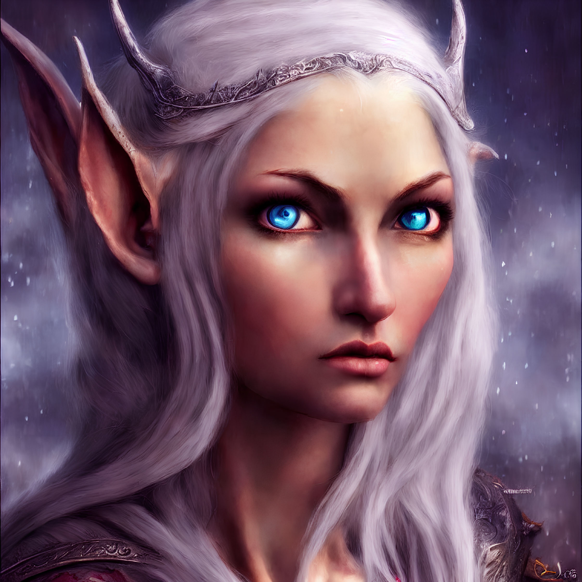 Female elf digital artwork with blue eyes, pointed ears, silver tiara, in mystical purple setting