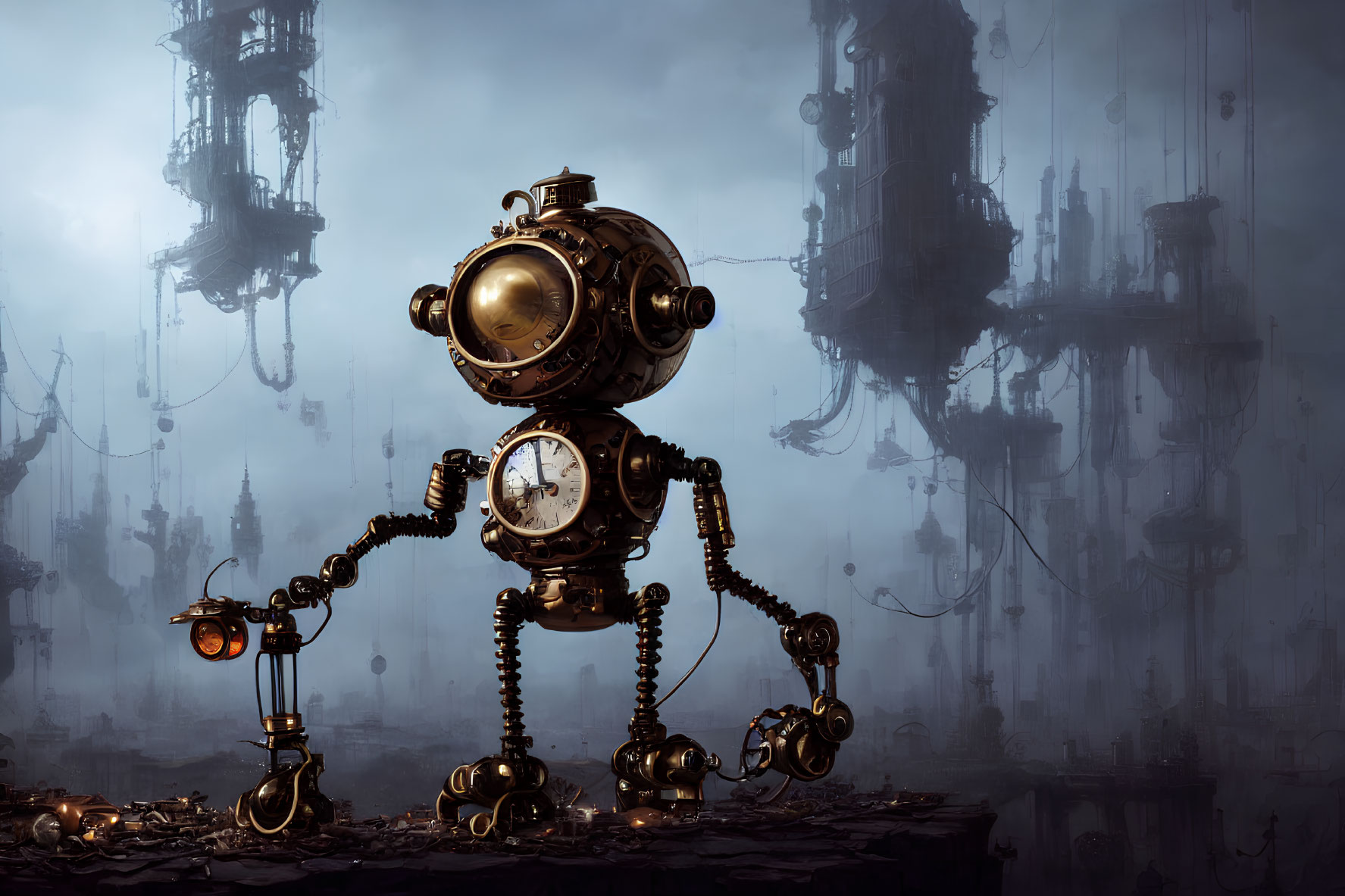 Steampunk-style robot with clock face and lantern in misty mechanical backdrop