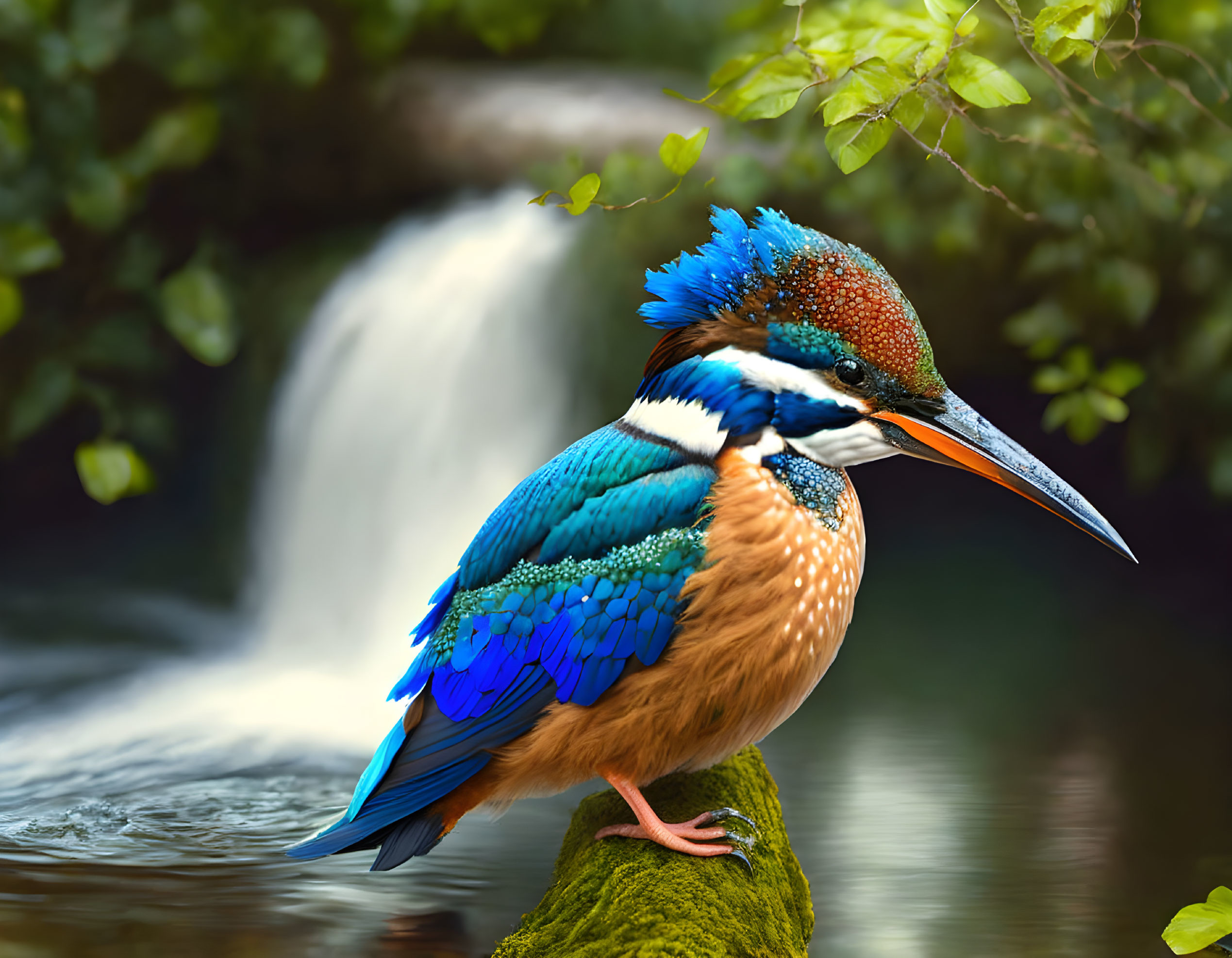 Colorful kingfisher bird on mossy branch with waterfall in lush greenery