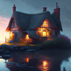 Cozy cottage by tranquil lake at twilight