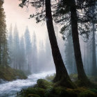 Serene forest scene with mist, river, and tall trees