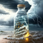 Ship in glass bottle amidst stormy seas with lightning.