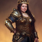 Regal woman in golden armor with crown and braided hair.