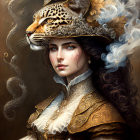 Baroque attire woman with leopard head and ornate headdress.