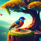 Colorful bird on stump with golden leaves, mountains, and butterflies.