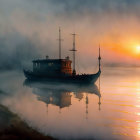 Boat on Calm Water at Sunrise with Mist and Sun Reflections