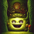 Whimsical illustration of large friendly monster face with cavern mouth, surrounded by creatures and greenery