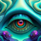 Colorful Fractal Image with Eye and Organic Patterns in Blue, Green, Purple