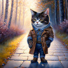 Stylized image: Cat in leather jacket on forest path