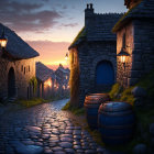 Twilight scene of stone-paved village street with lanterns, cobblestone houses, wooden door