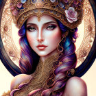 Fantasy female figure with purple hair and golden headdress in mystical setting