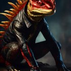 Anthropomorphic iguana in leather jacket with orange crests and red eyes on misty background