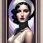 1920s flapper style illustration with white headband, blue feather, and pearls in art deco