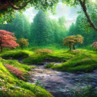 Tranquil stream in lush green forest with vibrant flora