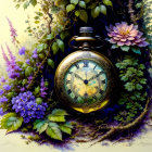 Vintage Floral Motif Pocket Watch Surrounded by Flowers and Vines