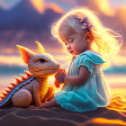 Young girl in blue dress with orange dragon on sandy beach at sunset