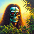 Colorful human skull painting with long hair and green face paint in cannabis plant sunset scene