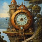 Fantastical clock tower painting with steampunk landscape