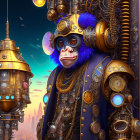 Steampunk-themed digital artwork with monkey-like figure and intricate mechanical armor