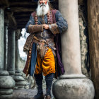 Pirate costume with blue coat, orange pants, holding flintlock pistol between stone pillars