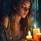 Pensive woman in floral dress by lit candle