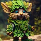 Whimsical creature with large ears and blue eyes in leafy green armor on wooden surface