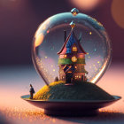 Miniature ornate house in globe with human figure in dreamy backdrop